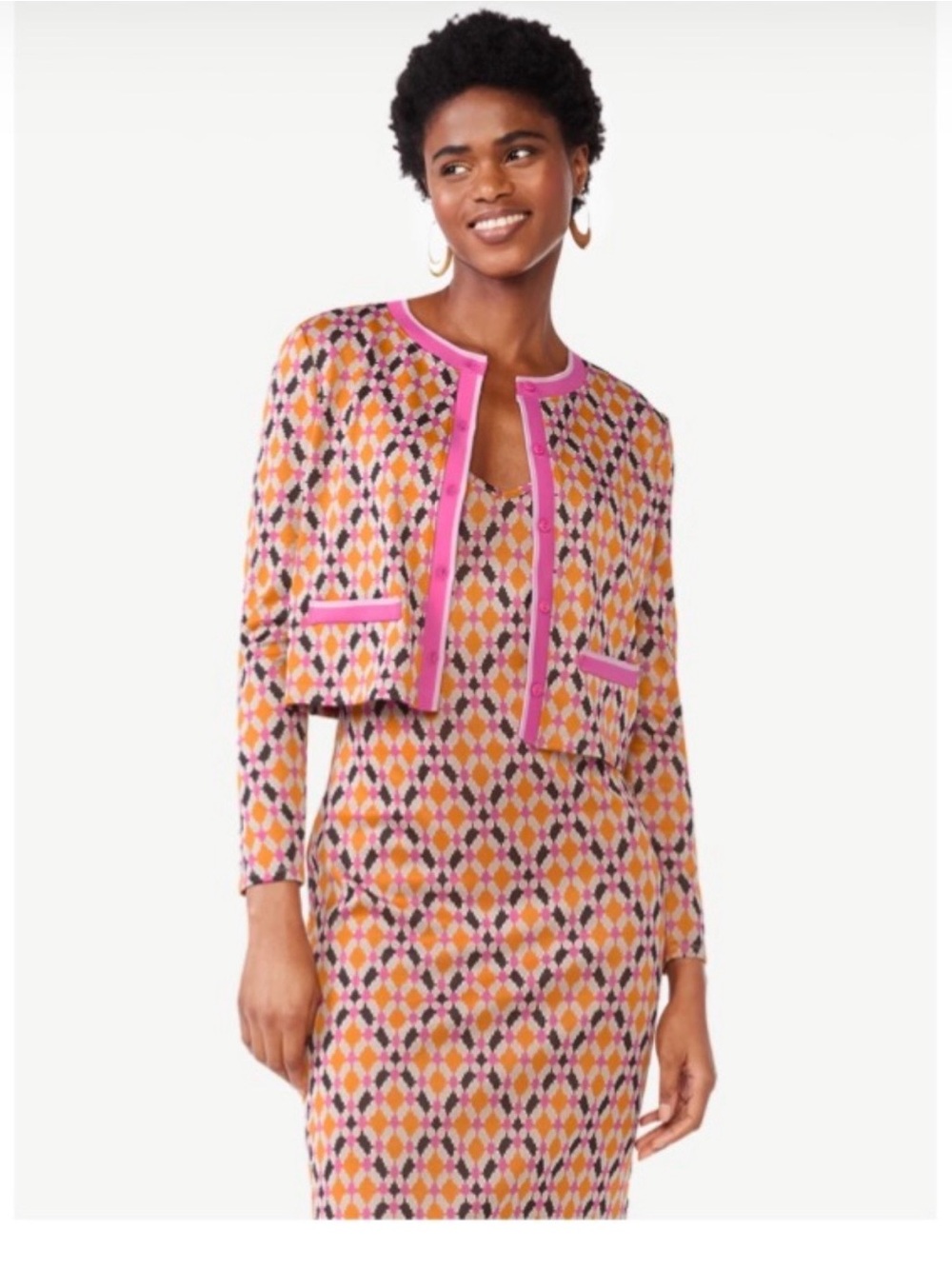 Retro Argyle Knit Dress & Cardigan Set - Fuchsia, Orange & Black.